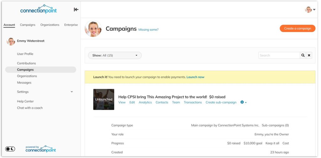 screenshot of account profile campaign view to demonstrate navigating the platform