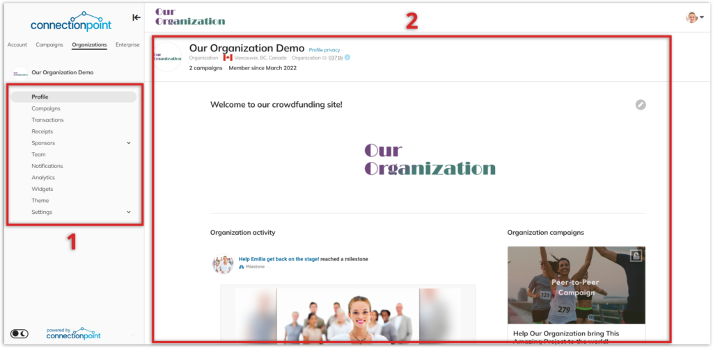 Screenshot of organization navigation menu and organization profile