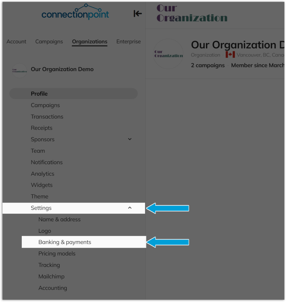 screenshot of organization campaign navigation menu, highlighting the settings --> banking & payment option