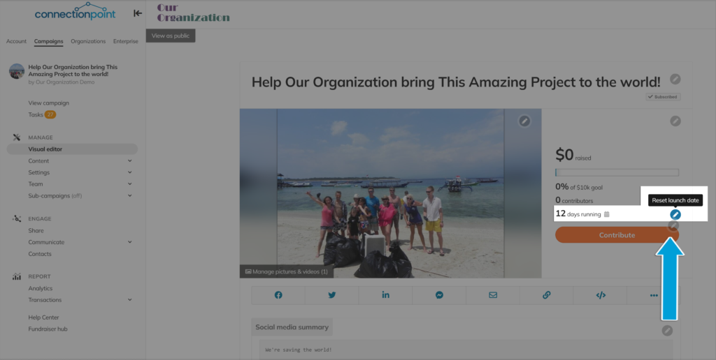 Screenshot of a campaign with the Visual Editor turned on, showing where to reset the launch date.