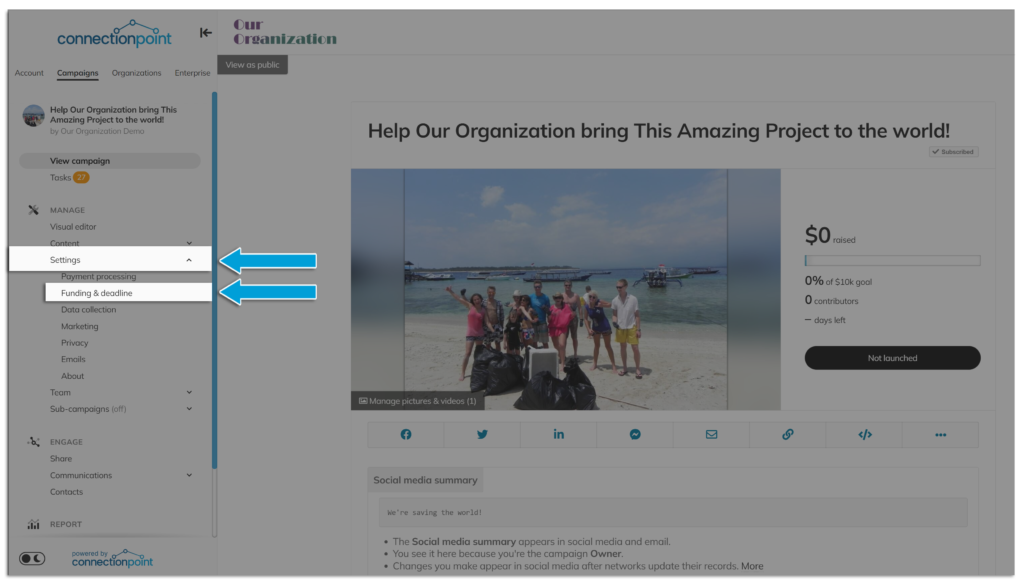 Screenshot of campaign navigation menu, showing 'Funding & deadline' under the Settings option