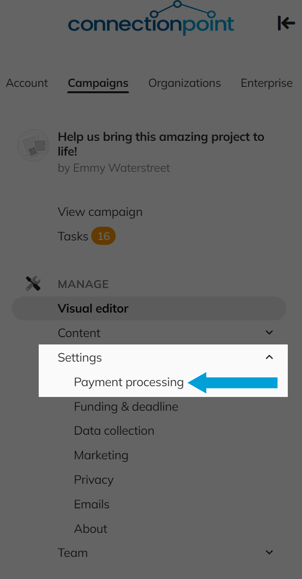 PERSONAL CAMPAIGNS: How to add a payment processor