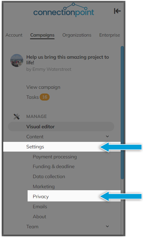 Screenshot of a demo campaign's navigation menu, highlighting the Settings -->Privacy options