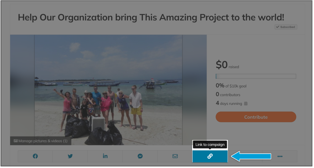 Screenshot of campaign, highlighting the link-to-campaign option in the share bar