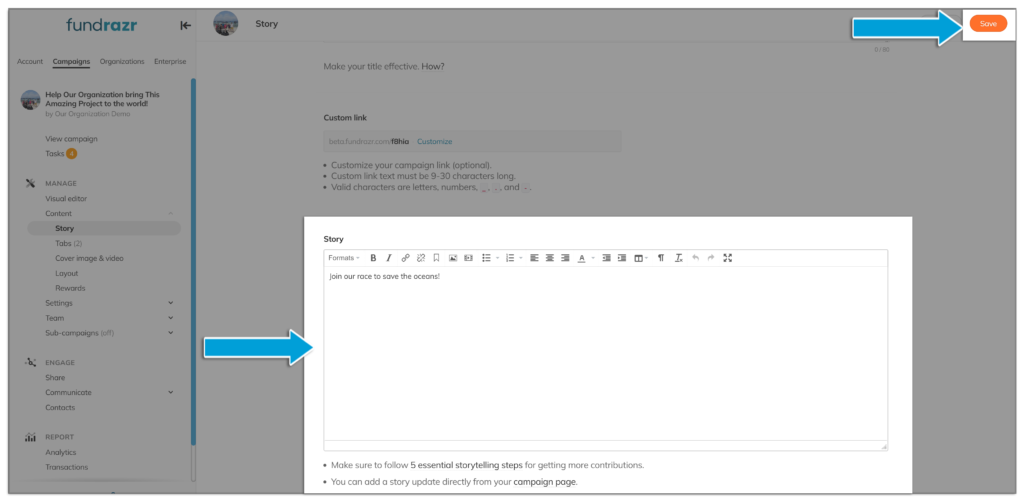 Screenshot of backend campaign story editor