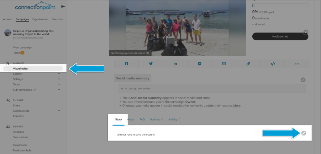 Screenshot of campaign with navigation menu, highlighting visual editor and the story edit pencil, for how to edit the campaign story