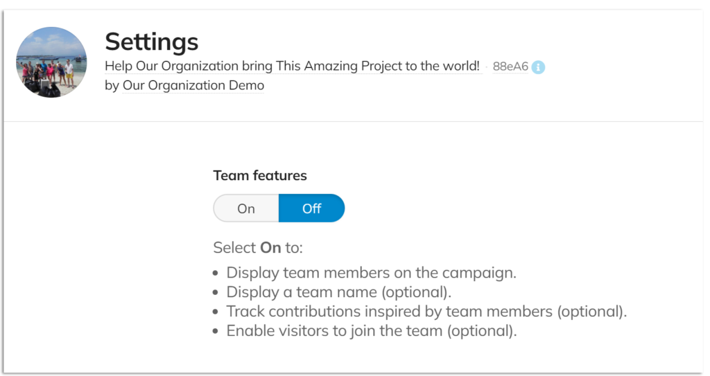 Screenshot of the Team-Settings menu, showing where you would choose to show or hide campaign team features. The toggle is on 'Off'. 