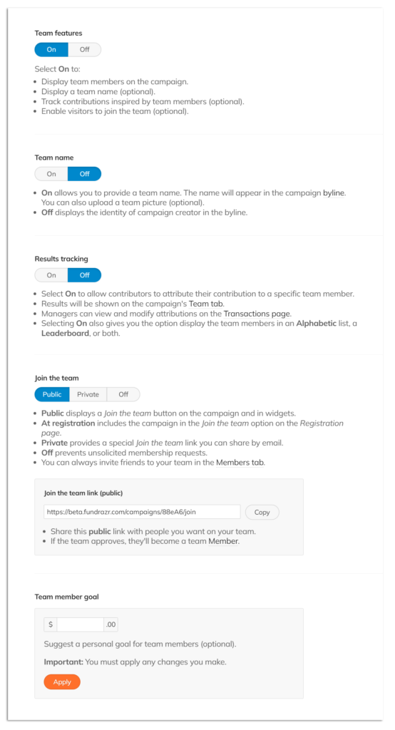 Screenshot of the Team-Settings menu, showing where you would choose to show or hide campaign team features. The toggle is 'On', and there are now more menu options: Name, results tracking, join the team, and team member goal.