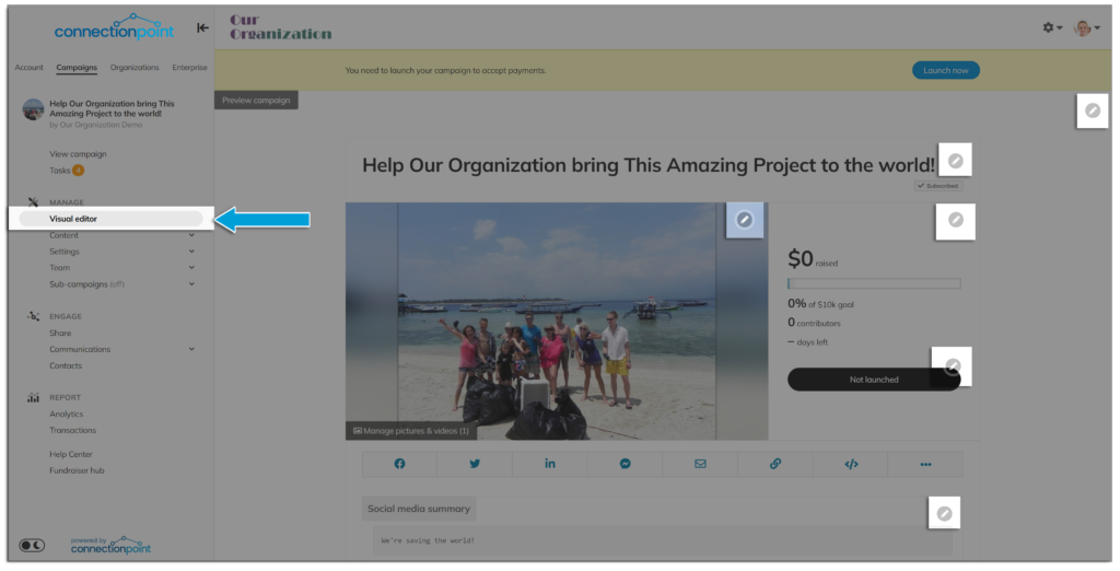 Screenshot of campaign navigation menu with 'visual editor' highlighted
