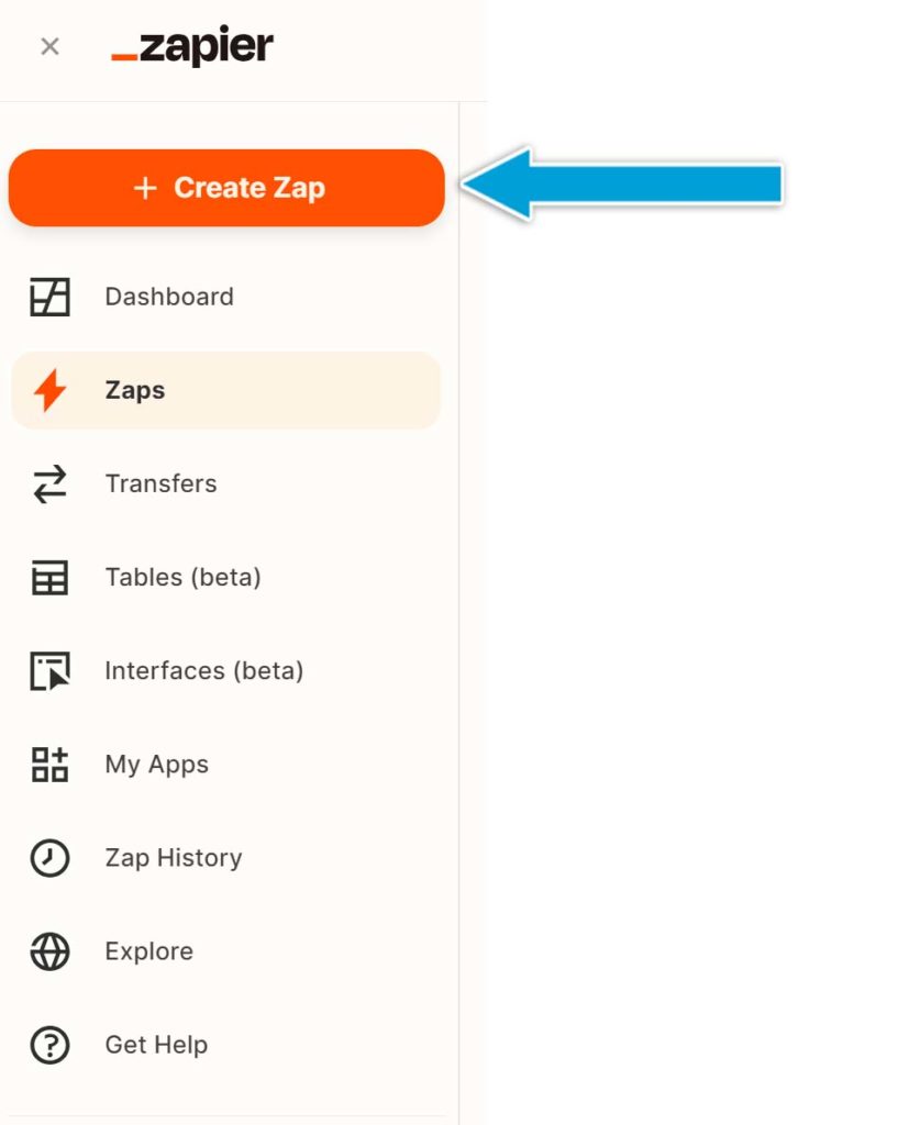 screenshot of Zapier navigation menu, with arrow pointing to first option in list "Create zap"