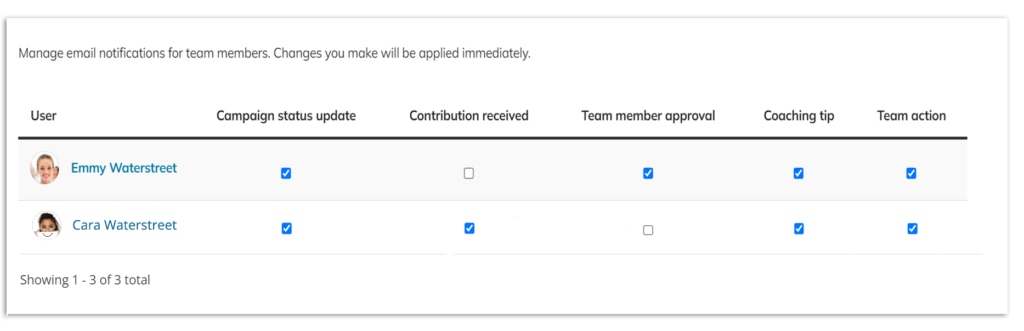 Screenshot of the checkboxes to turn campaign team notifications on or off.