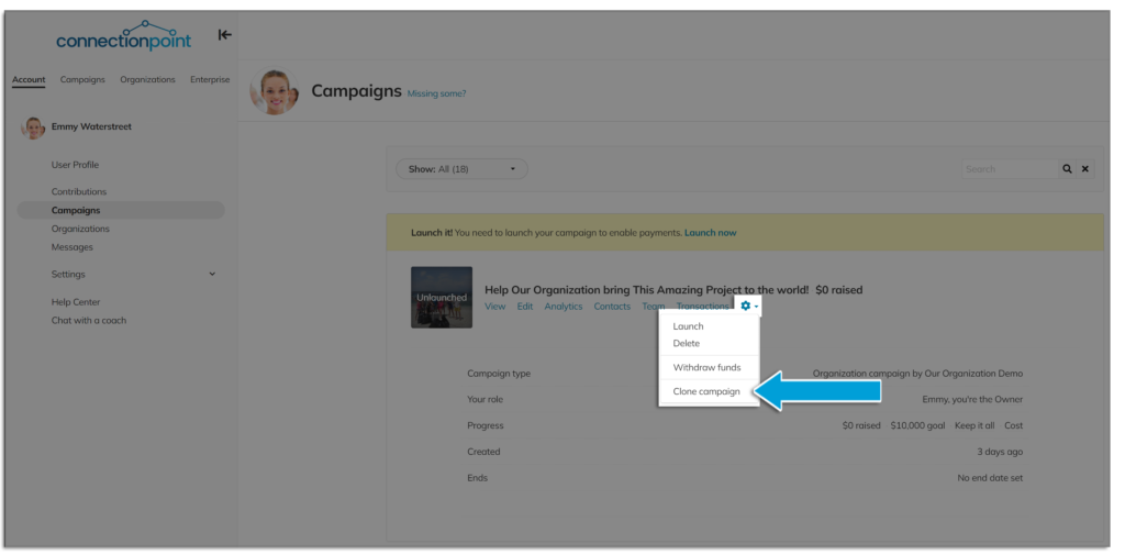 Screenshot of a campaign in a user account's campaign list, showing the option to clone a campaign in the available settings menu.
