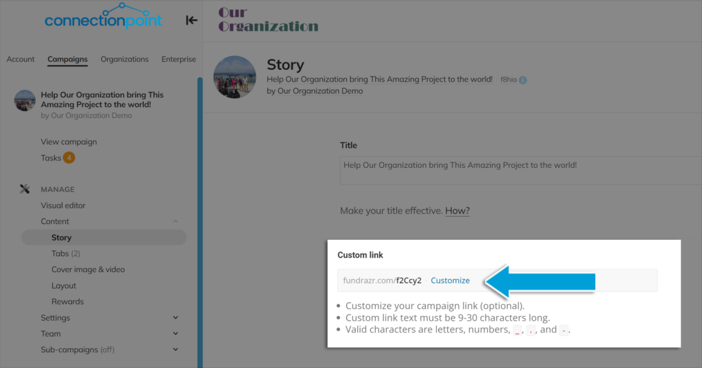 Screenshot of Story edit menu, highlighting 'Custom link' section, showing where to customize campaign link
