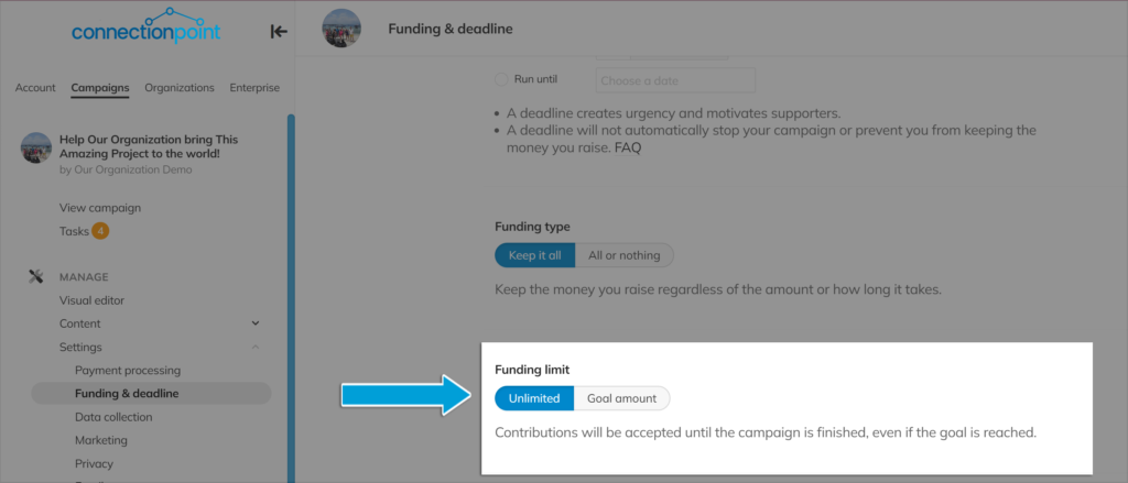 Screenshot of Funding & deadline menu, highlighting where to set the campaign funding limit (default = unlimited)
