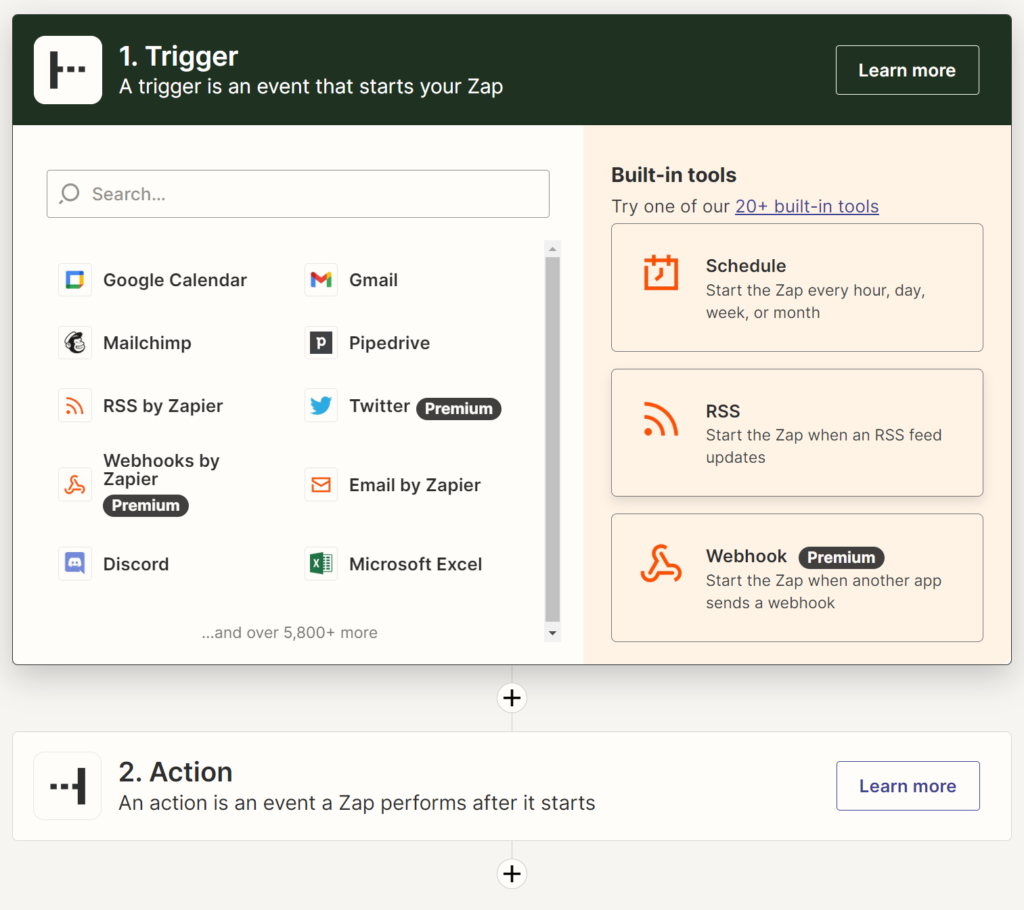 Screenshot of trigger and action forms