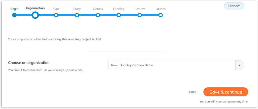 Screenshot of the create-a-campaign organization section