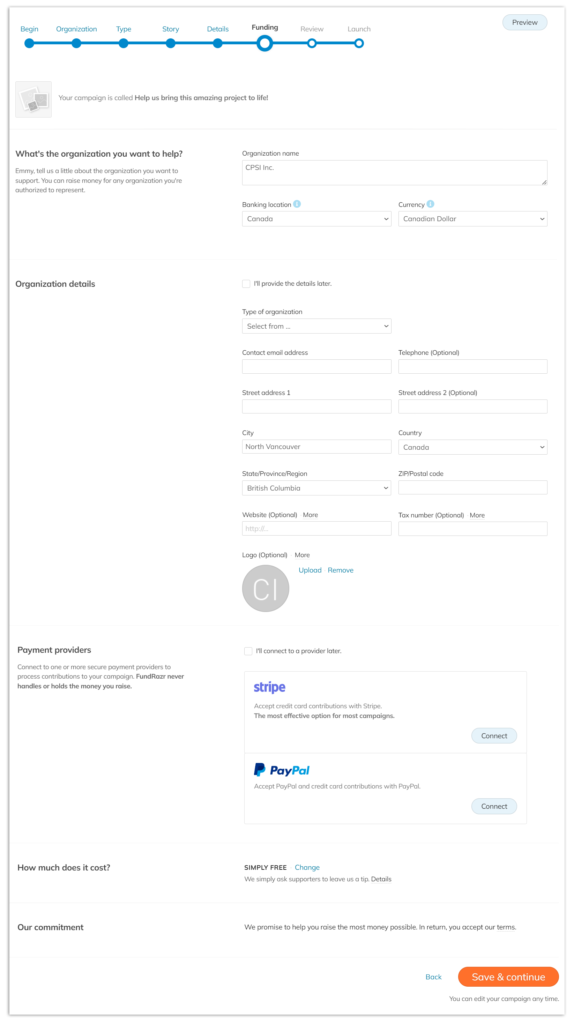 Screenshot of the create-a-campaign organization funding section