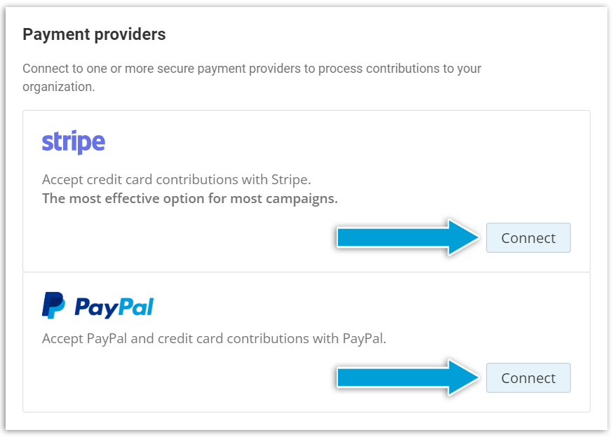 screenshot of connect Stripe and PayPal options