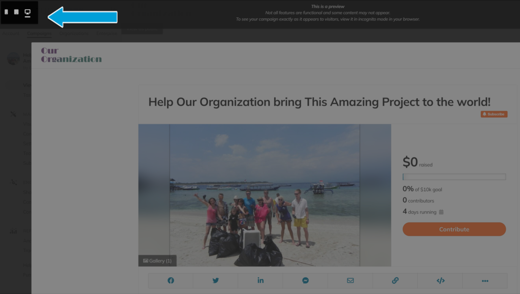 screenshot of the campaign preview showing the desktop, tablet, and mobile view modes on the upper left side