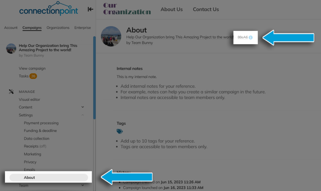 Screenshot of 'About' section of a campaign, showing where to find the campaign ID