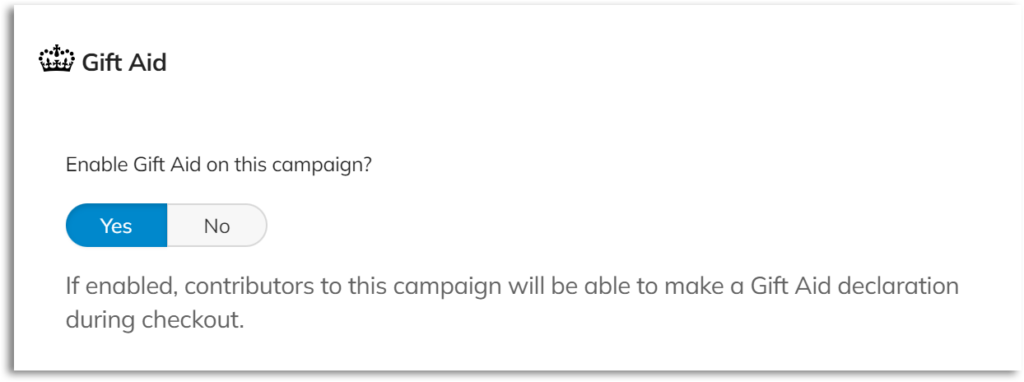 Screenshot of Gift Aid enable option for campaigns