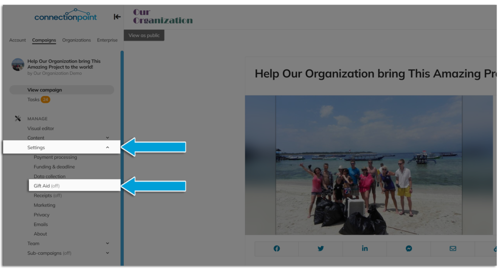 Screenshot showing Gift aid option under campaign settings menu.