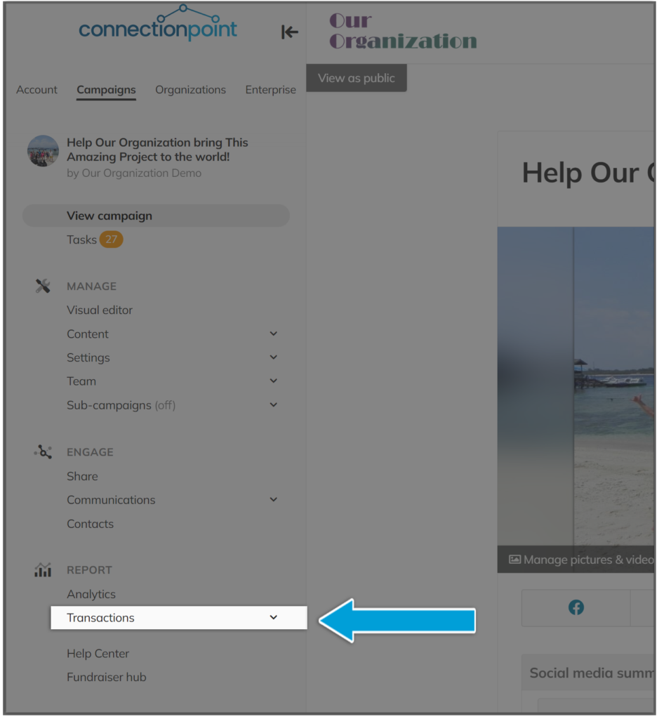 Screenshot of demo campaign with 'Transactions' highlighted in the navigation menu, showing where to view campaign transaction details