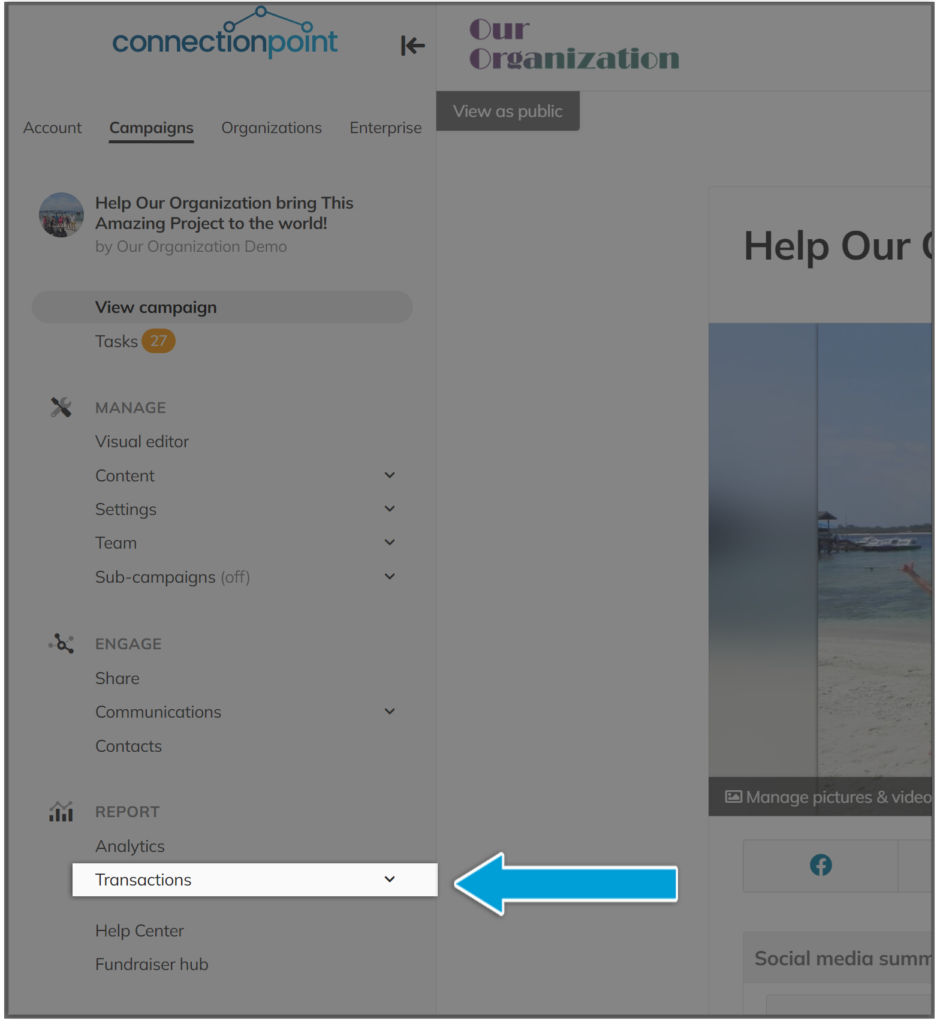 Screenshot of campaign navigation menu, highlighting the 'transactions' option