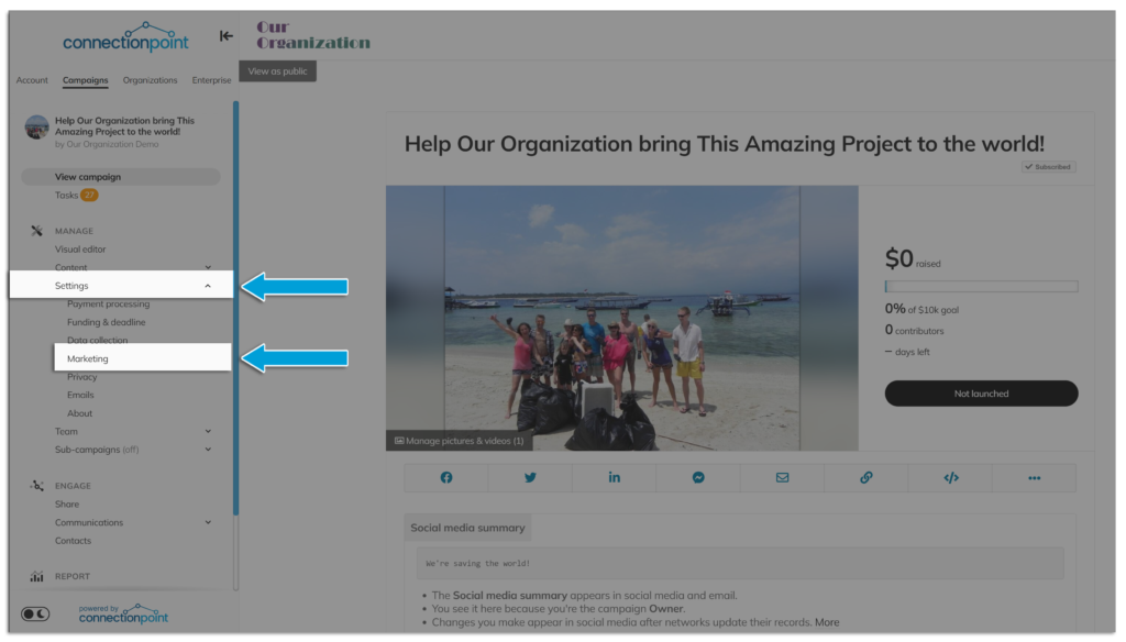 Screenshot showing the Settings --> Marketing option in a campaign navigation menu