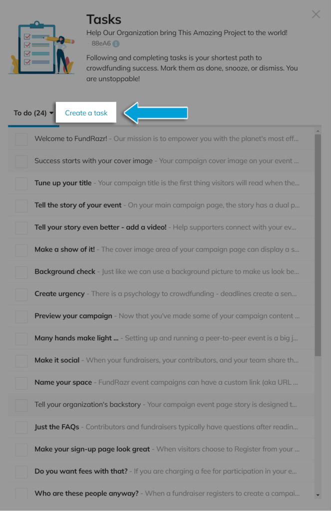 Screenshot of Tasks bar with "Create a task" highlighted. 