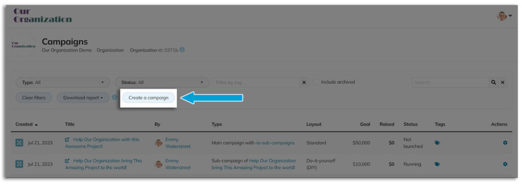 Screenshot highlighting how to create an organization campaign.   "Create a campaign' on the Organization's campaign list is highlighted.
