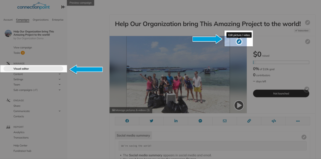 Screenshot of campaign visual editor option