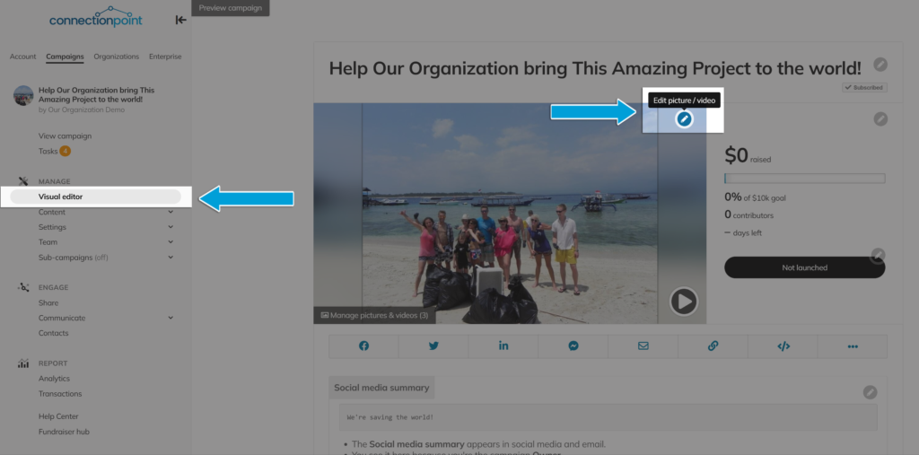 Screenshot of a demo campaign with 'visual editor' highlighted in the navigation menu, as well as the 'edit picture/video' edit pencil on the top right side of the cover image. This is where you can add and delete pictures and video