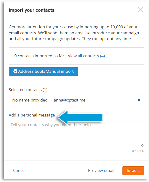 Screenshot of the first import contacts popup, showing the option that now appears to add a personal message.