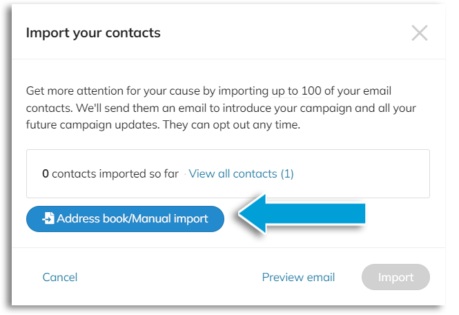 Screenshot of the Import contacts popup