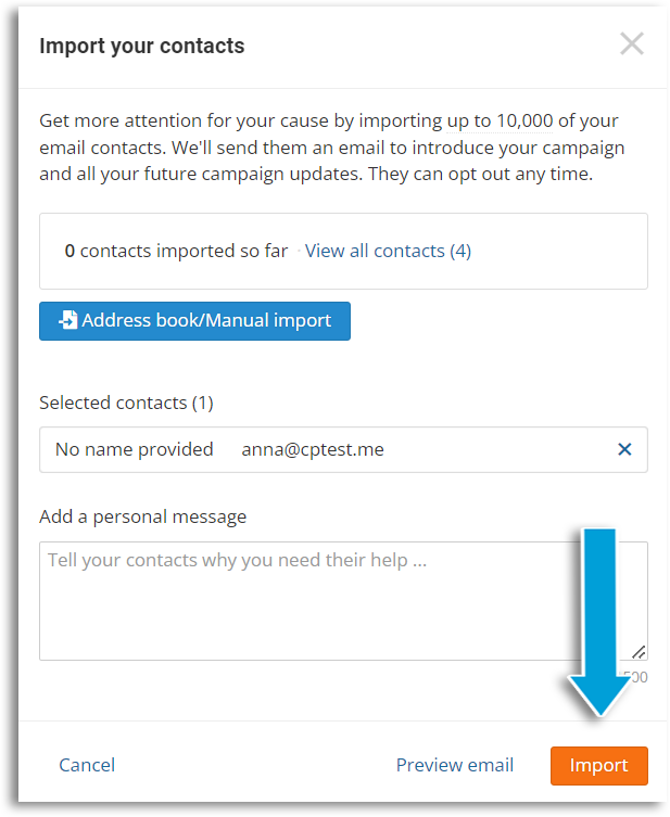 Screenshot of the import contacts pop up with arrow pointing to the orange 'Import' button at the bottom right side of the screen.
