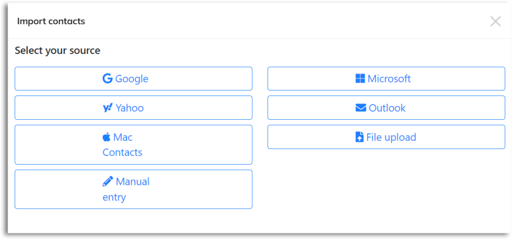 Screenshot of the address book/manual import contacts option. Options are:
Google (gmail), Yahoo, Mac Contacts, Manual entry, Microsoft, Outlook, file upload.