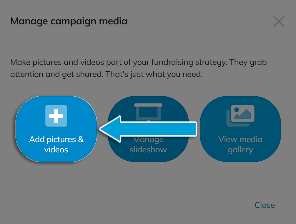 Screenshot of the Manage campaign media window, with the first option 'Add pictures & videos' highlighted