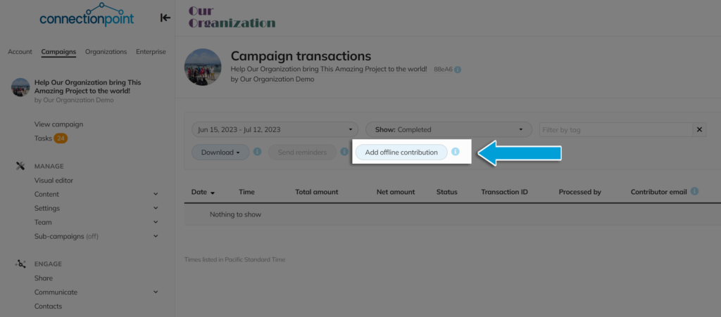 Transaction menu with 'Add offline contribution' button highlighted