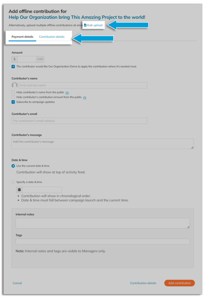 Screenshot off the Add offline contribution details