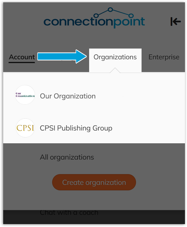 Screenshot of navgiation menu header, showing the 'Organizations" tab to find any organization profile associated with your user name