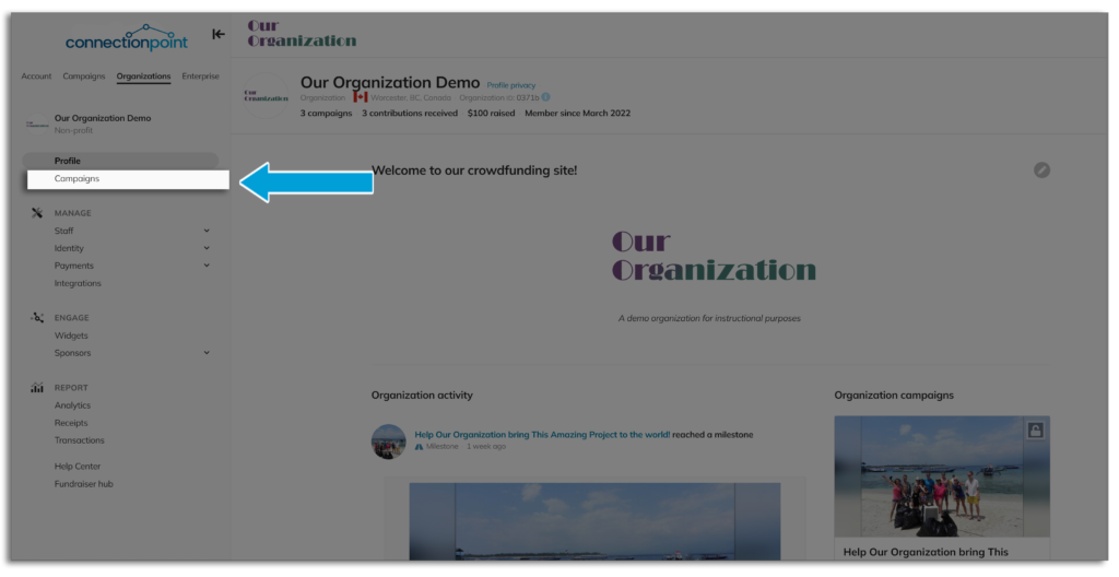 Screenshot highlighting how to create an organization campaign. 'Campaigns' in the profile navigation menu is highlighted