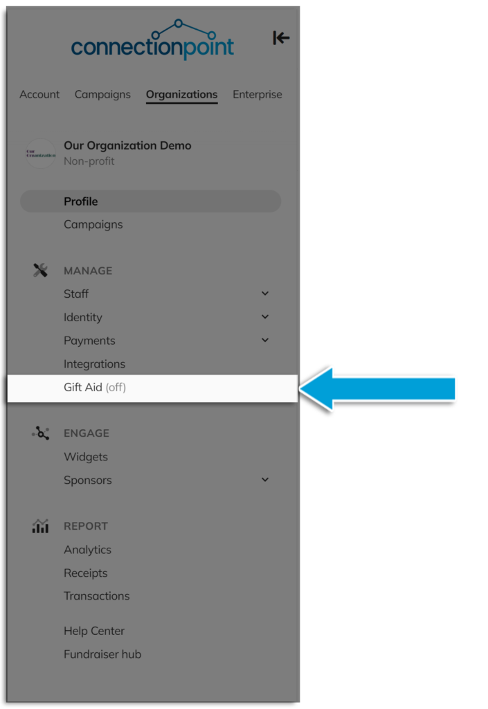 Screenshot showing the Gift aid option now appearing in organization profile sidebar menu under 'Manage'