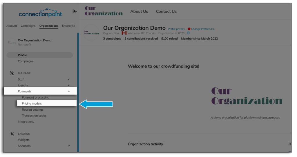 Screenshot of organization navigation menu, showing the Payments --> pricing models option to set up a default pricing model