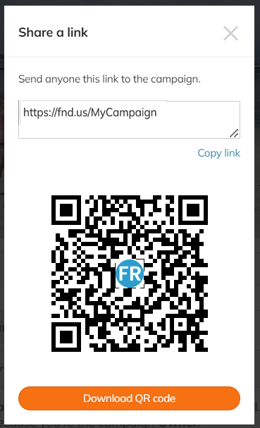 Screenshot of the link share popup. The campaign QR code is underneath the short code