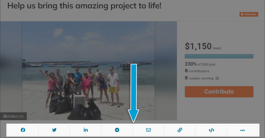 Screenshot of a campaign with the share bar (under the media gallery). This is how crowdfunding campaign owners and supporters can share.