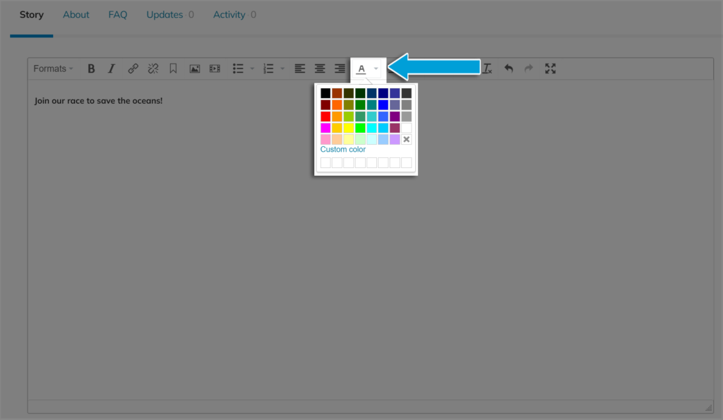 Screenshot of a campaign story edit, with the font colour option highlighted (fourteenth option from left)