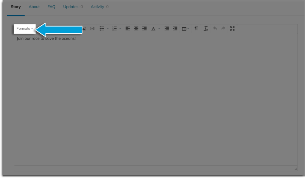 Screenshot of a campaign story editor, highlighting the 'Formats' option (which is the first option).