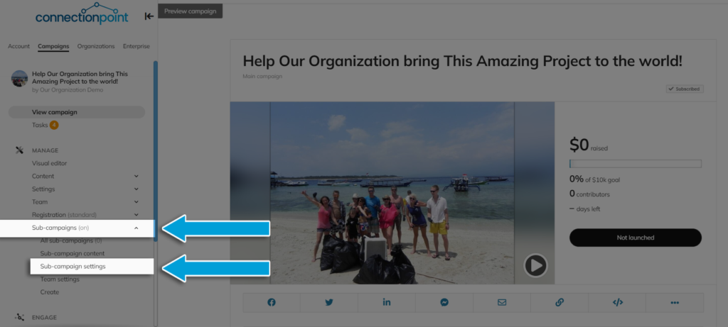 Screenshot of a demo campaign, highlighting Sub-campaigns --> Sub-campaign settings in the navigation menu