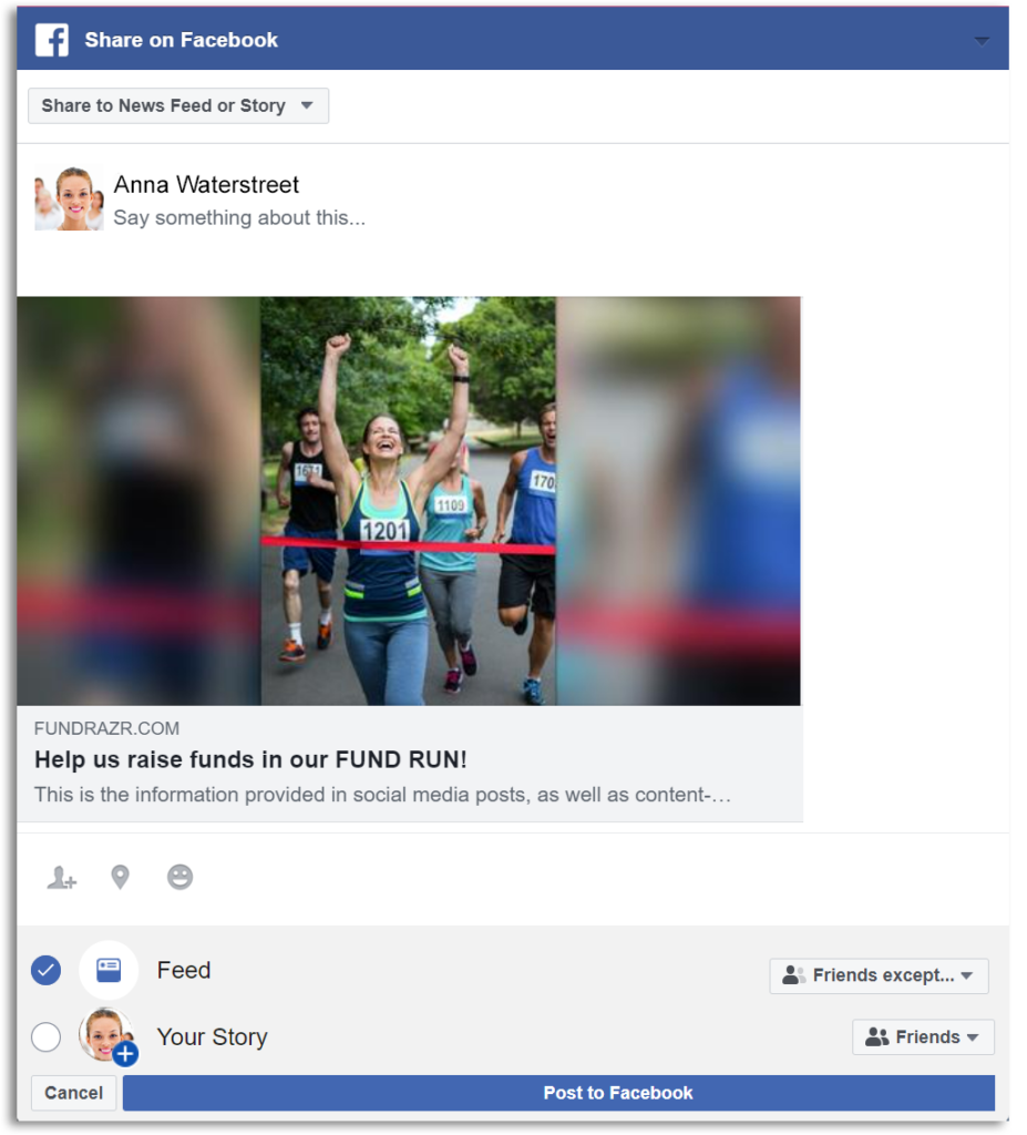 Screenshot of a Facebook post sharing the campaign, showing where the poster can ad extra info, but the social media summary is still attached